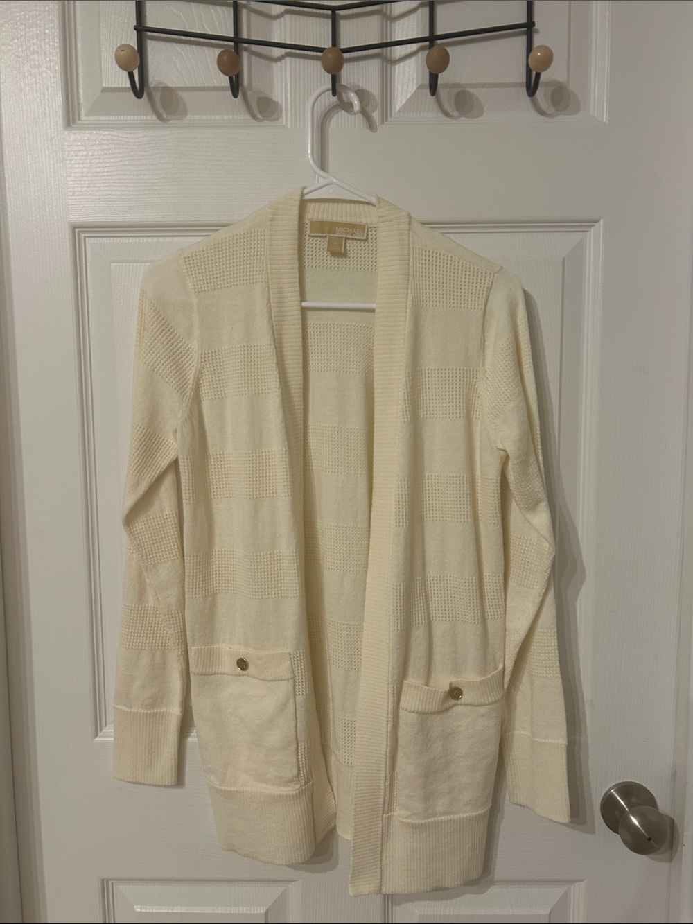 Michael Kors Cream Open-Front Knit Cardigan with Pocket Buttons